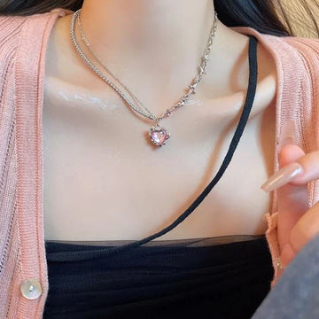 Crystal Heart Y2K Asymmetric Chain Necklace