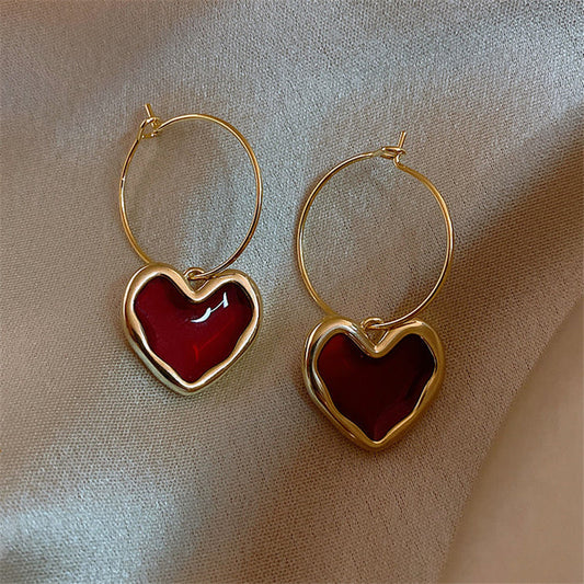 Gold Heart Hoop Earrings with Red