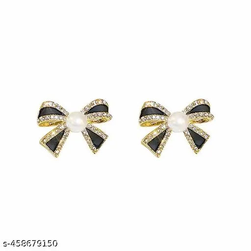 Korean Tiny Black Bow Crystal Pearl Earring